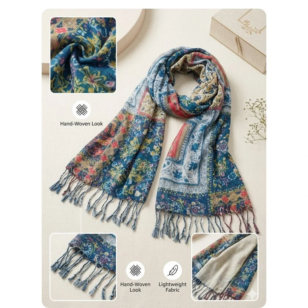 Boho Floral Patchwork Fringe Scarf Blue Red Lightweight Hand-Woven Look Wrap